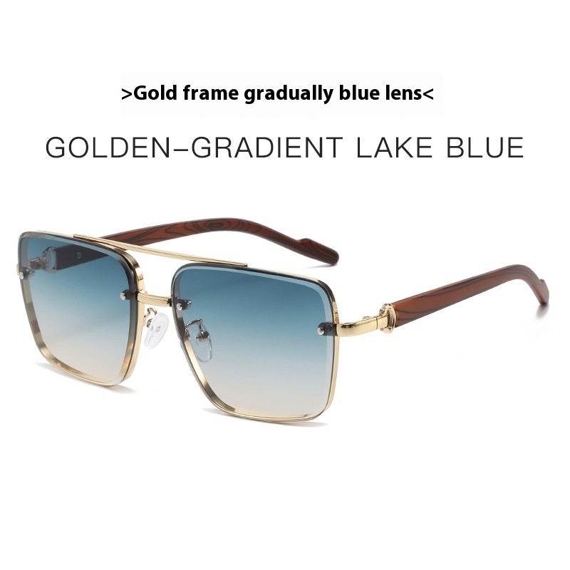 Metal Double Beam Frame Wood Grain Leg Sunglasses Gold Frame With Blue