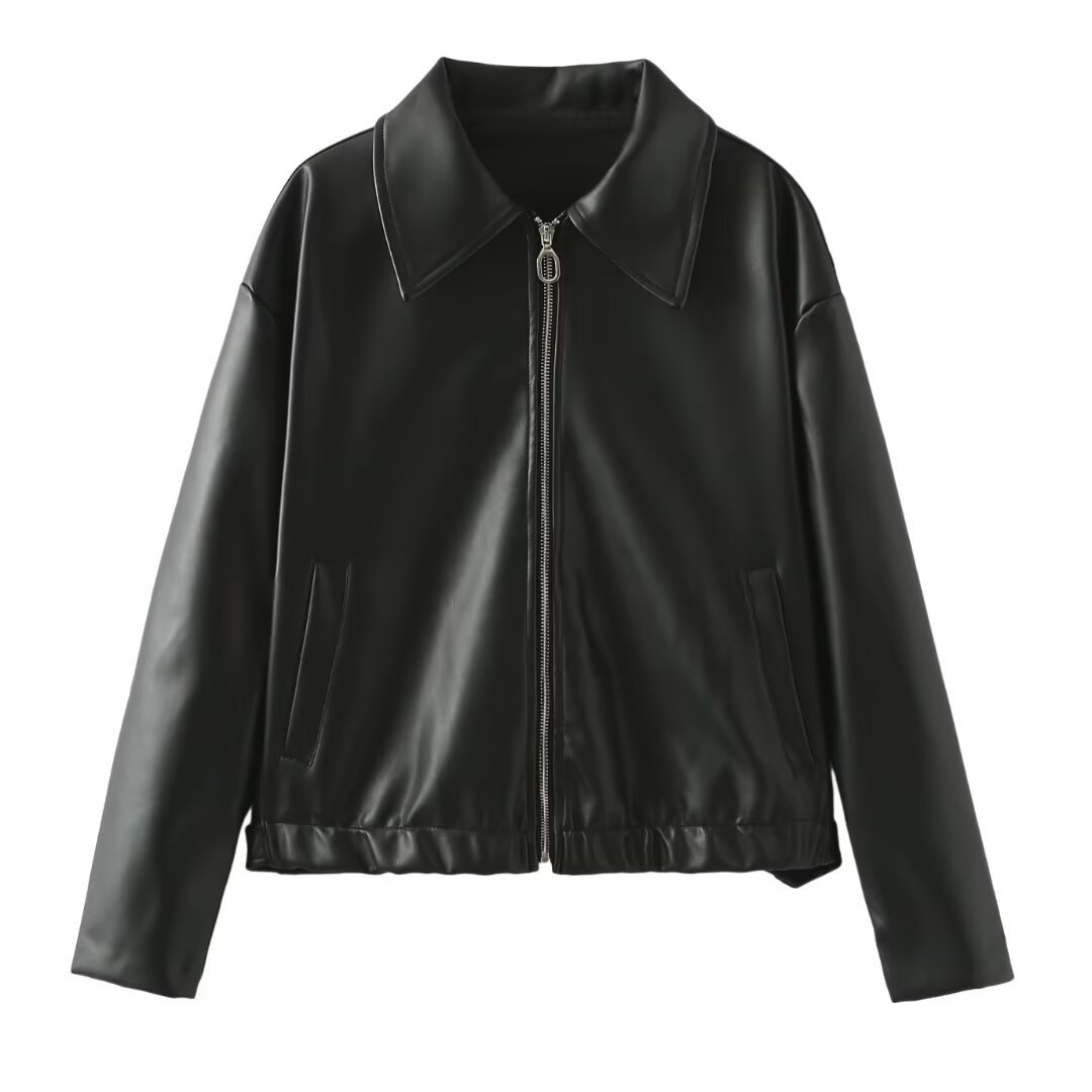 Solid Color Lapel Zipper Jacket Fashion Casual Long Sleeve Leather Coat Tops Women Clothing Black