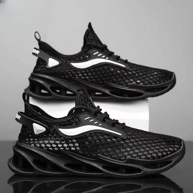 Men's Lace-up Sneakers Mesh Sports Shoes Fashion Hollow-sole Low Top Running Shoes Black