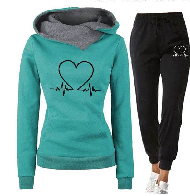Love Heart Printed Sports Suit Hooded Sweatshirt Top And Drawstring Pants Fashion Casual Clothing For Women Green