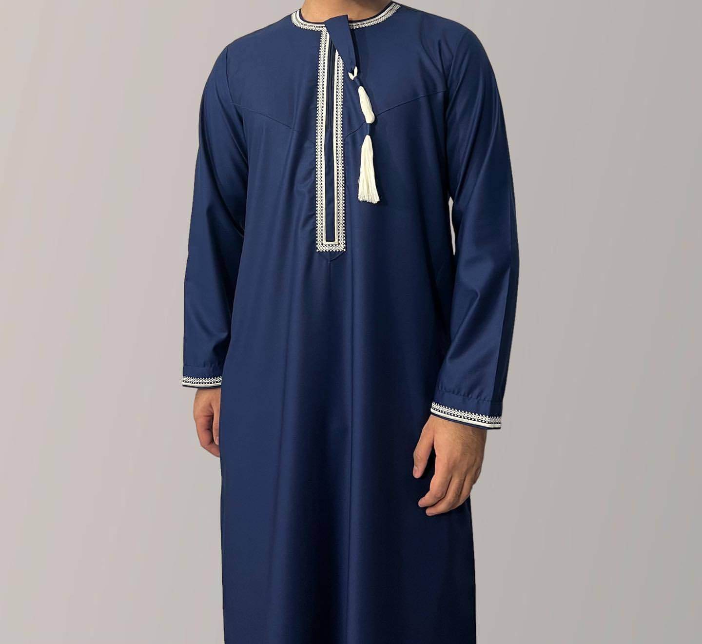Solid Color Round Neck Embroidered Thick Tassel Oman Gowns Saudi Arabia Men 6 Blue