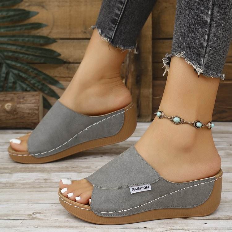 Summer Wedge Slides Slippers Fashion Fish Mouth Thick Bottom Roman Shoes Solid Color Beach Sandals For Women Gray