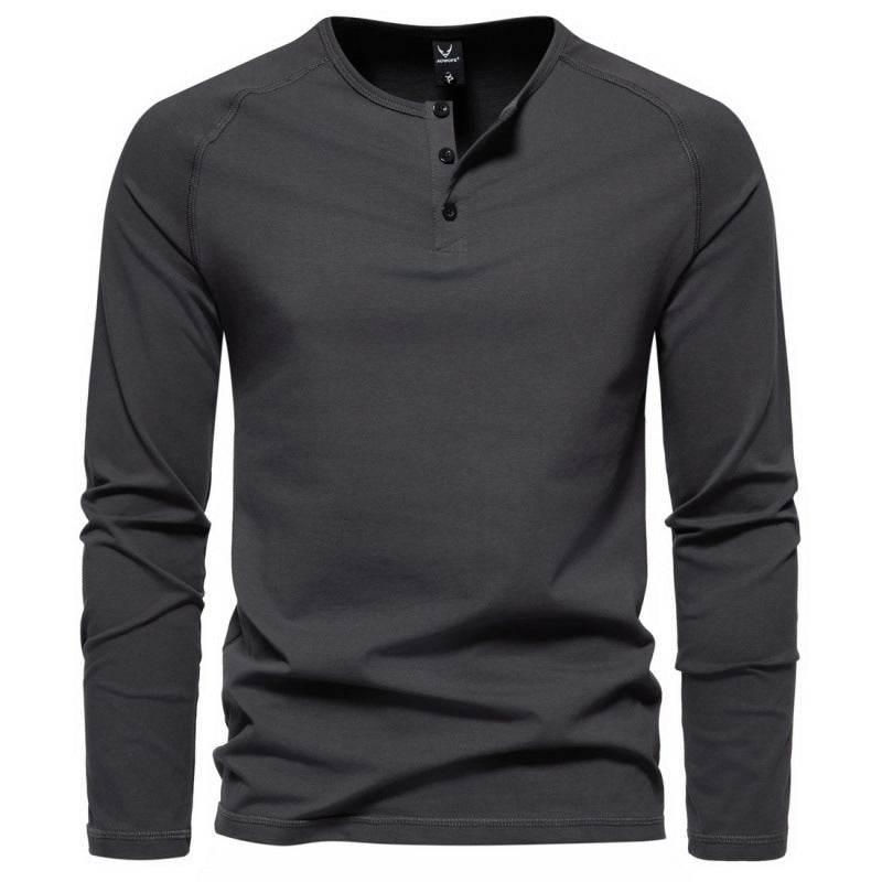 Men's Henry Collar Long-sleeved Casual Solid Color T-shirt Bottoming Shirt Dark Gray