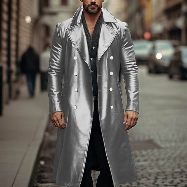 Long Trench Coat Male Double-breasted Leather Jacket Silver