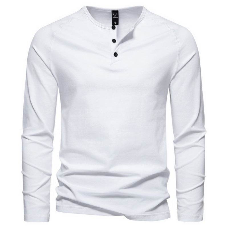 Men's Henry Collar Long-sleeved Casual Solid Color T-shirt Bottoming Shirt White