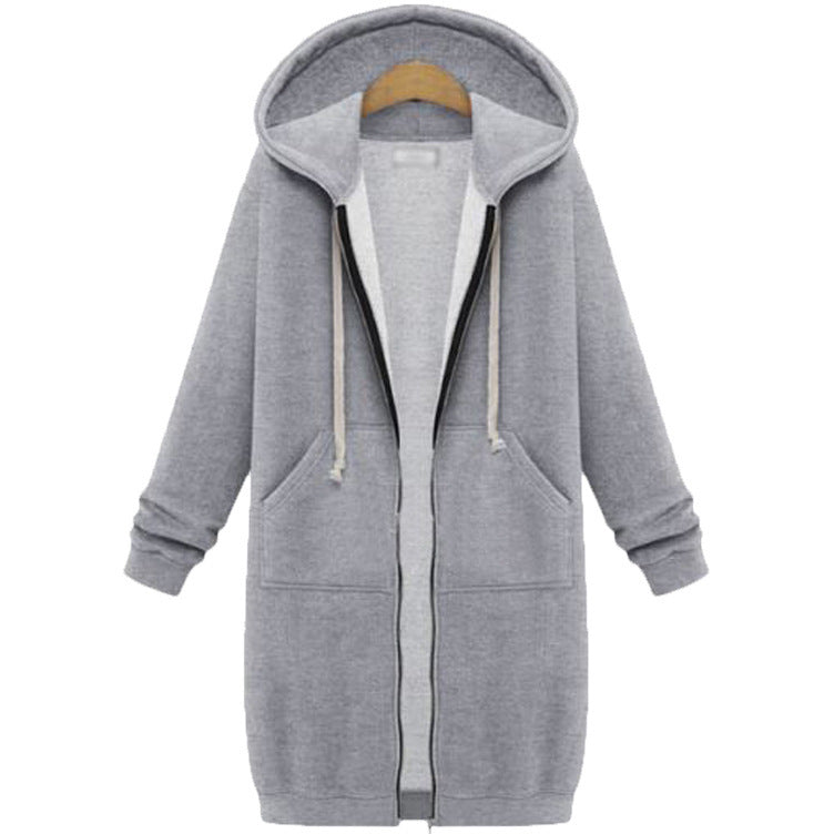 Hooded Long Sleeve Sweater Fleece Long Jacket Grey