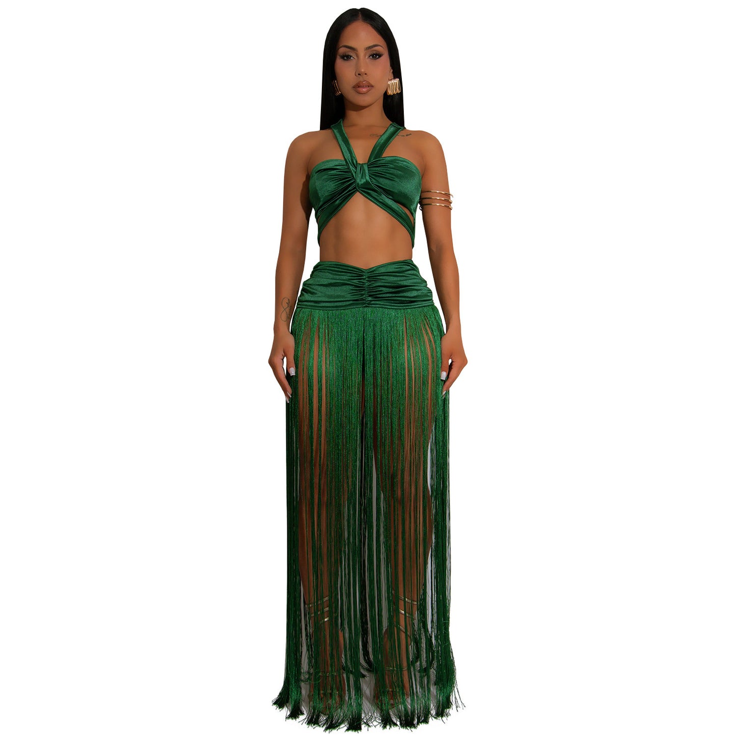Sexy Shoulder Strap Top Tassel Dress Two-piece Set C7438 Green