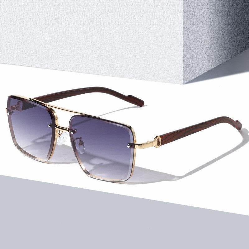 Metal Double Beam Frame Wood Grain Leg Sunglasses