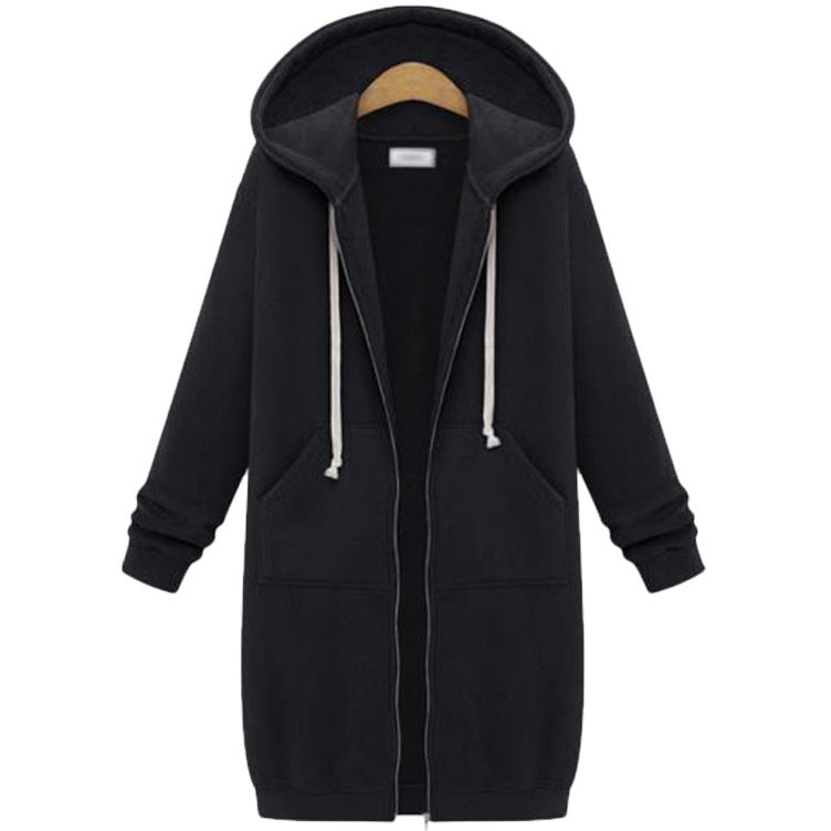 Hooded Long Sleeve Sweater Fleece Long Jacket Black