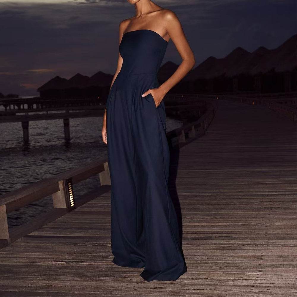 Loose Tube-top Jumpsuit Ins Fashion Backless Wide Leg Long Pants Overalls Women's Clothing Navy Blue