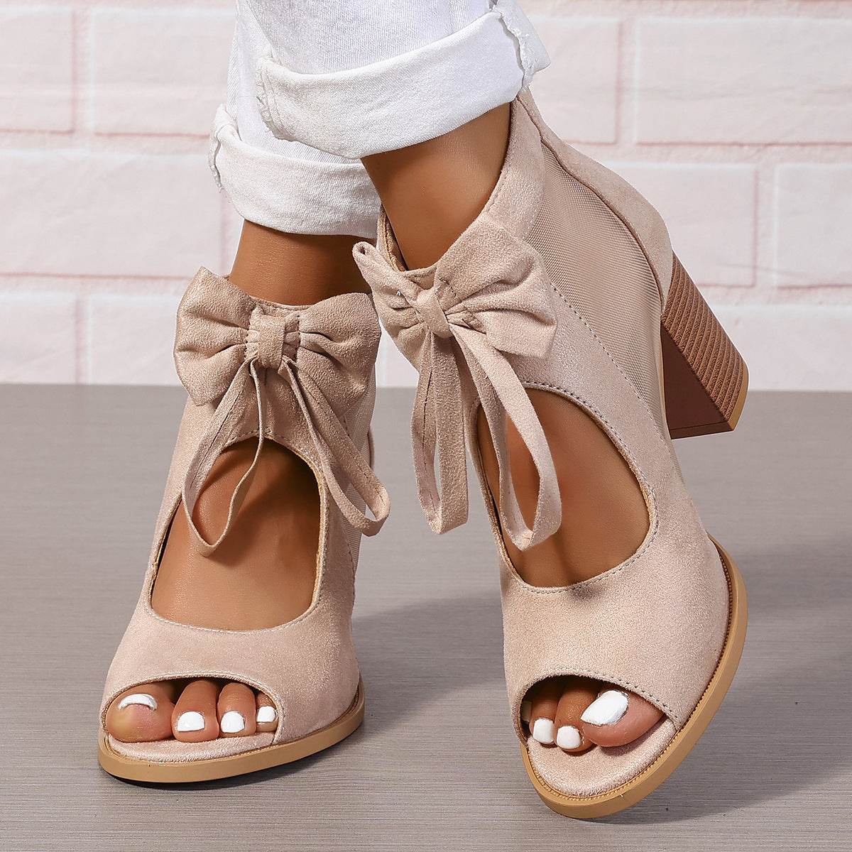 Platform Chunky High Heels Women's Sandals Bow Decoration Open Toe Block Ankle Strap Sandals For Dress Bridal Party Shoes Beige
