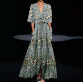 Summer V-neck Split Short-sleeved Dress Fashion Flower Print A-line Long Dresses Party Club Beach Clothing For Women Grey