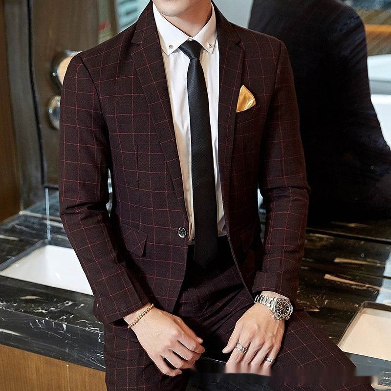 Men's Korean-style Business Suit Slim-fit Plaid Casual Wear Wine Red Three Pieces