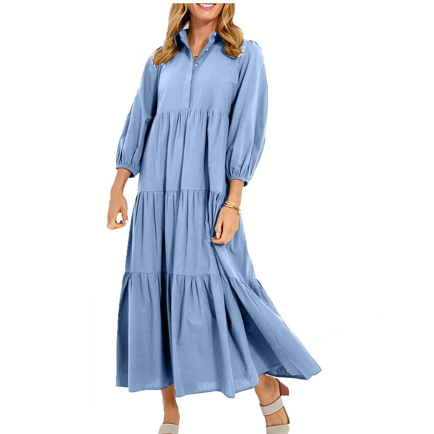 New Button Lapel Fashion Pullover High Waist Casual Dress Ladies Light Blue