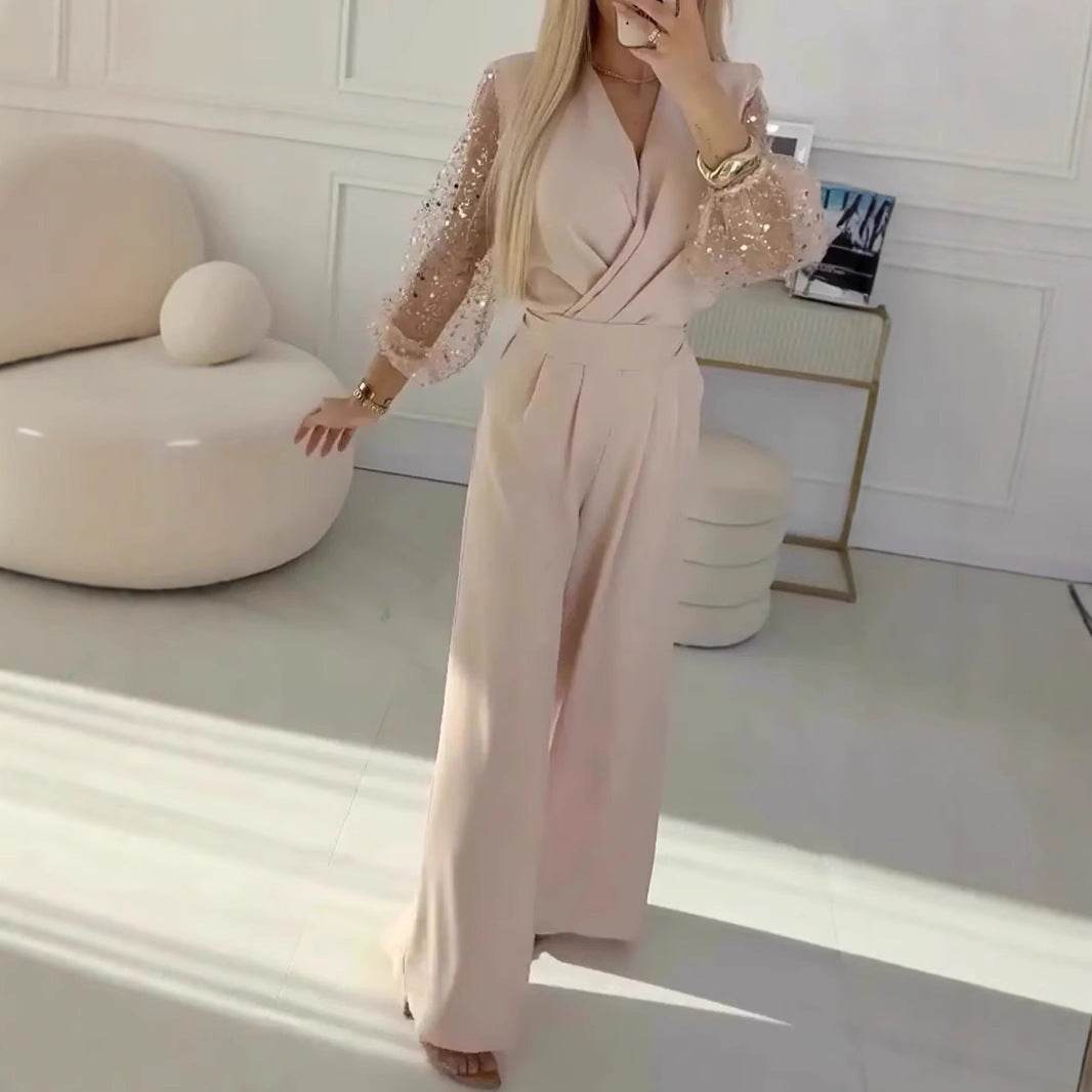 Sequined Top Wide Leg Pants Casual Suit Women