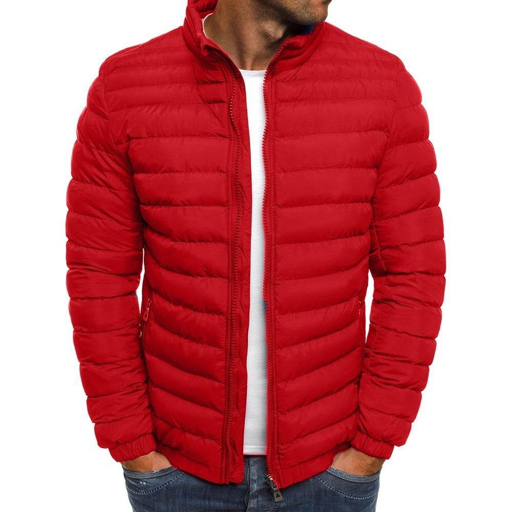 Men Jacket Zipper Solid Color Long Sleeves Pockets Coldproof Autumn Thicken Cotton Padded Overcoat For Outdoor Bright Red