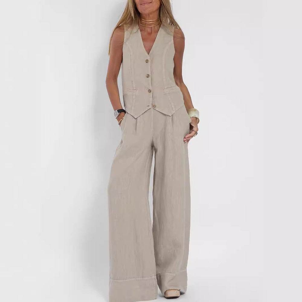 Summer Vest Suits V-neck Botton Sleeveless Top And Loose Straight Trousers Casual Womens Clothing Apricot