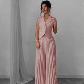 Summer Sleeveless Suit Fashion Lapel Button Vest Top And Pleated Straight Pants Women's Trousers Set Clothing