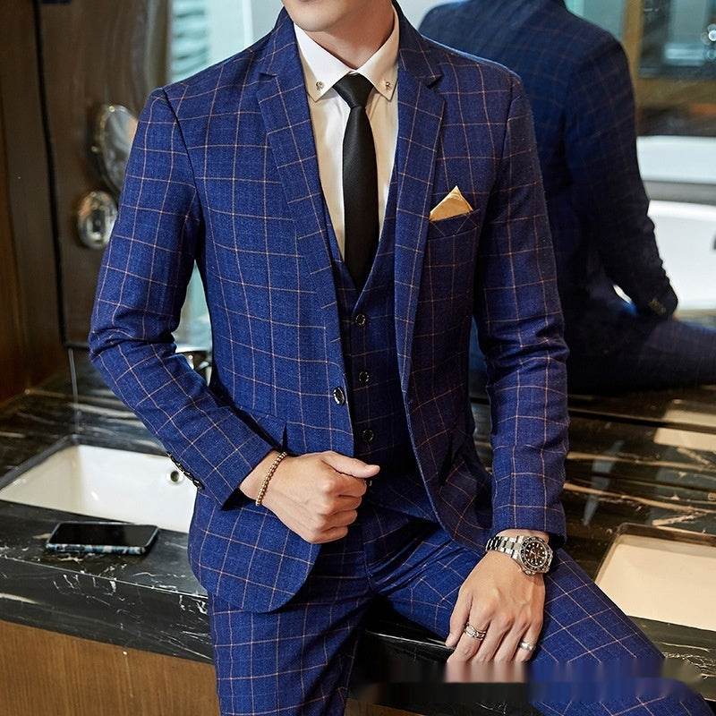 Men's Korean-style Business Suit Slim-fit Plaid Casual Wear Blue Three Pieces