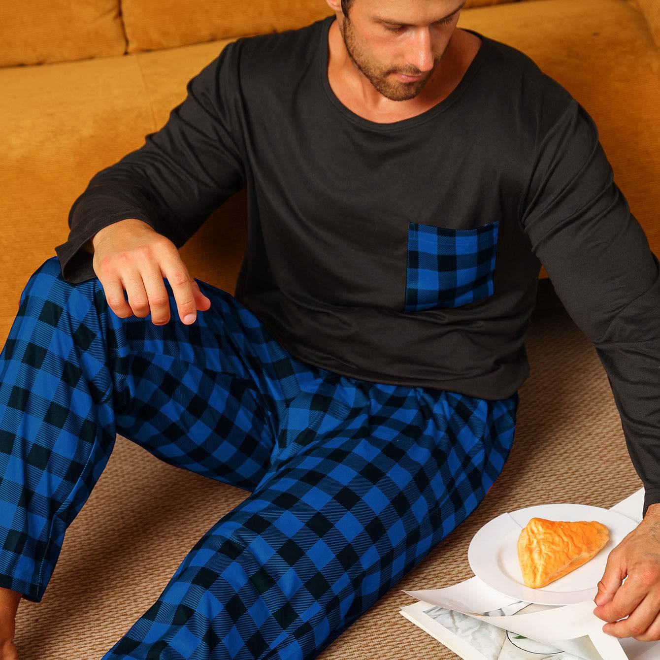 Ice Silk Long Sleeve Long Pants Men's Pajama Set Blue