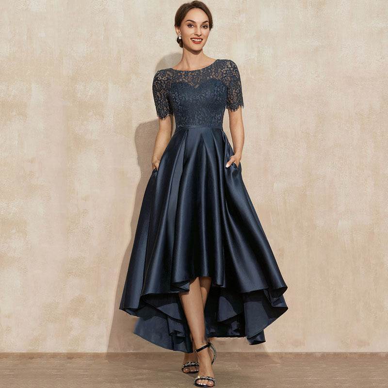 Navy Blue Satin Ball Lace Short Sleeve Dress