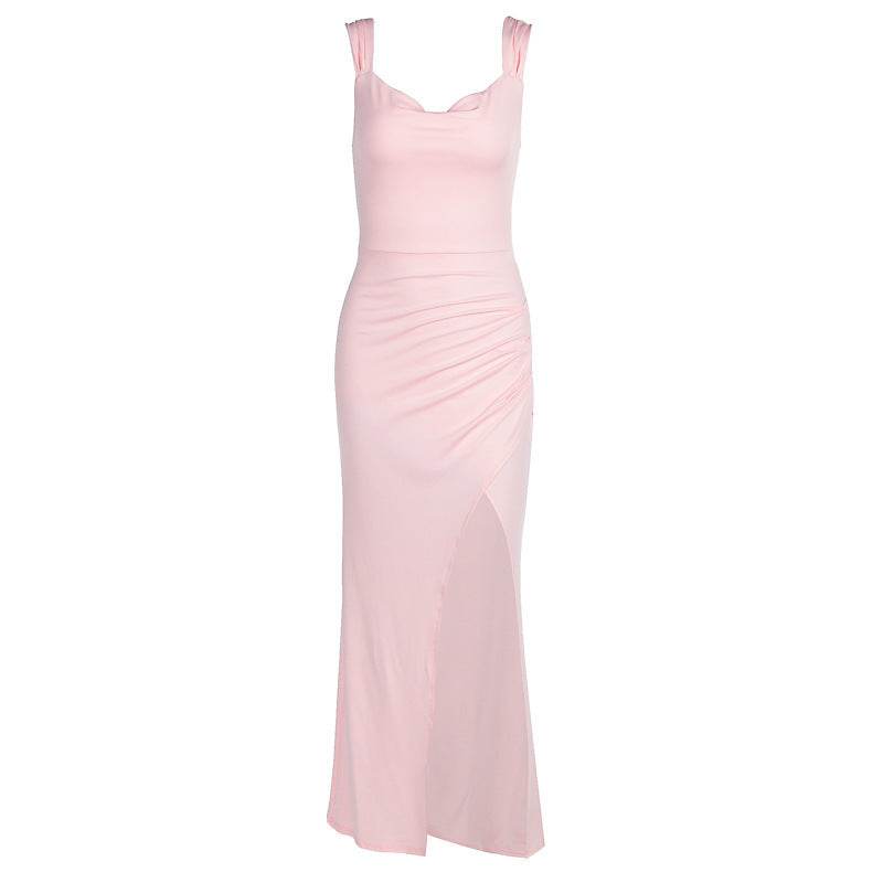 Slim Sleeveless Slit Dress With Back Tie Design Fashion Temperament Dresses For Women Clothing Pink