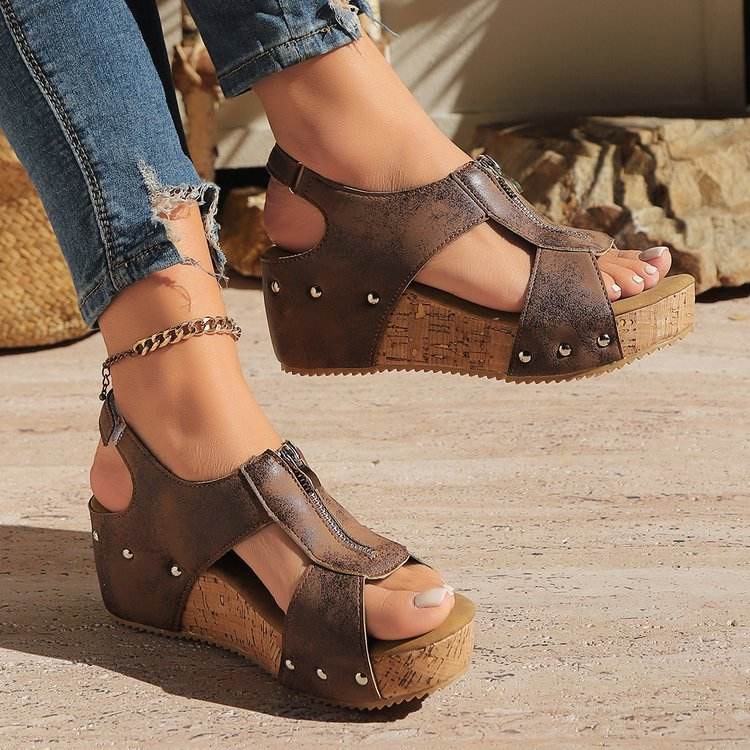 Summer Zipper Wedges Sandals Women's Lightweight Height Increasing Shoes Fashion Casual Sandals Brown