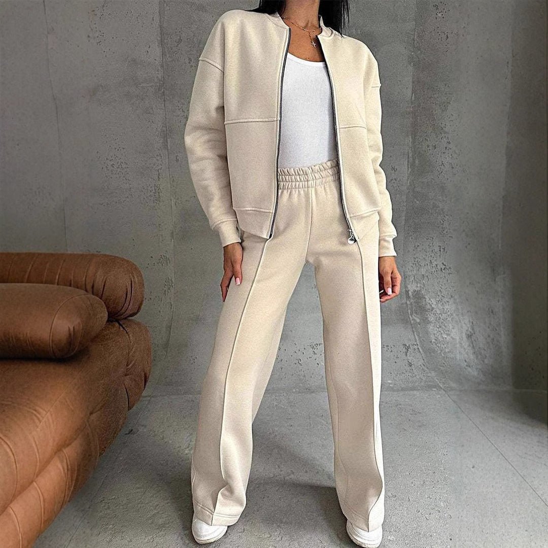 Women's Sports Suits Zipper Jacket And Wide Leg Pants Two-piece Set OFF White