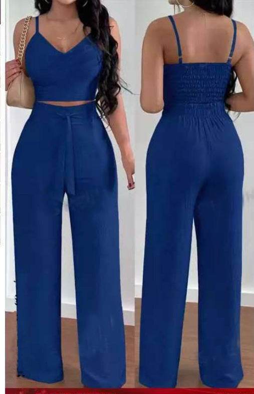 Women's Solid Color Slim Elastic Pleated Two-Piece Suit Sexy Spaghetti Strap V-neck Backless Vest High Waist Wide Leg Pants Suit Sapphire Blue