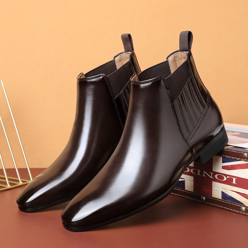Pointed Toe Chelsea-style Boots For Men Fashion British Style Square Heel Business Formal Leather Shoes Brown