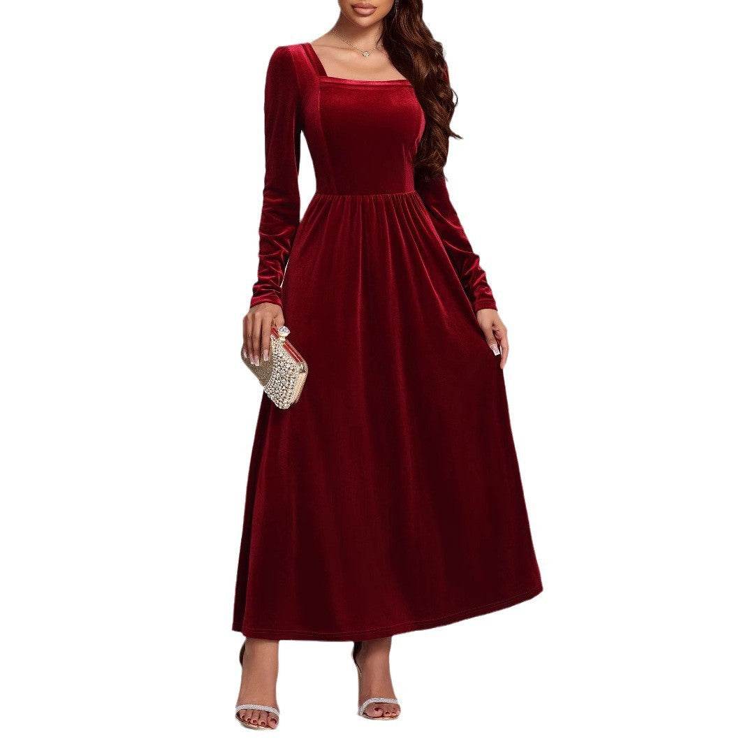 Temperament Red Evening Long Dress Pleuche Dress