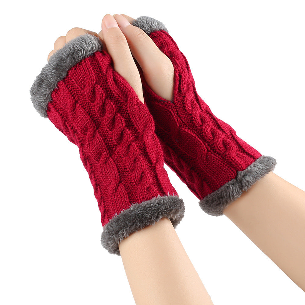 Winter Plush Gloves Twist Knitted Fingerless Fleece Gloves Women Warm Thickened Woolen Gloves Wine Red One Size