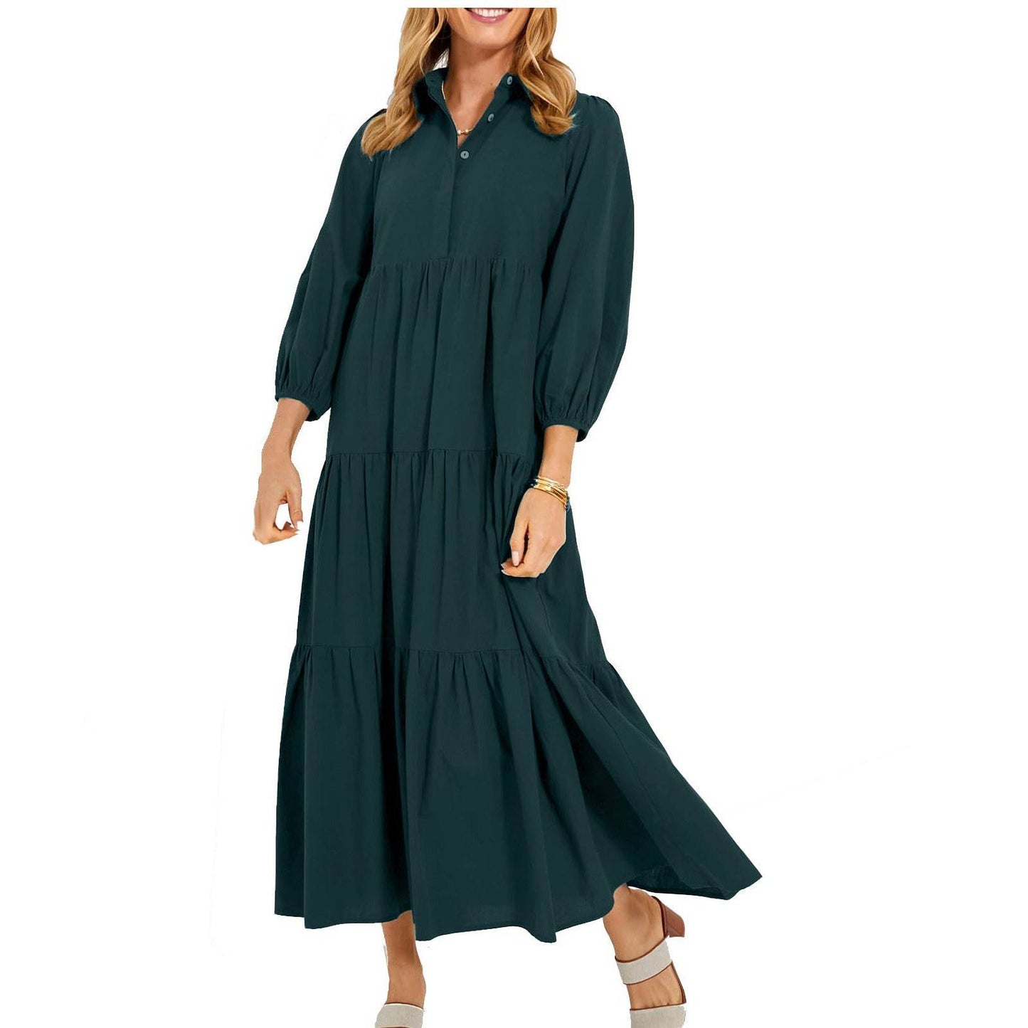 New Button Lapel Fashion Pullover High Waist Casual Dress Ladies Army Green