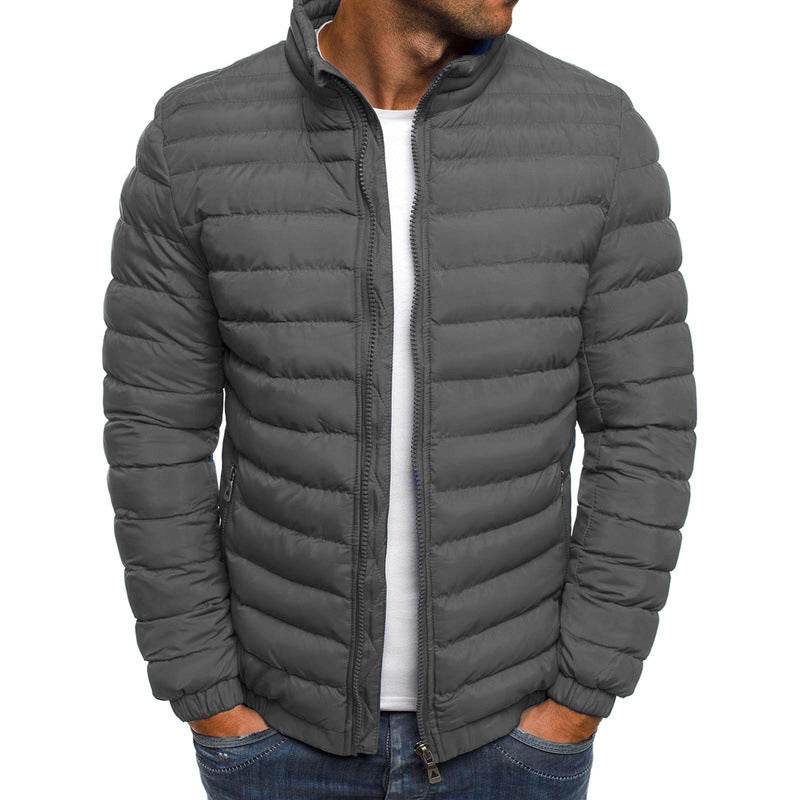 Men Jacket Zipper Solid Color Long Sleeves Pockets Coldproof Autumn Thicken Cotton Padded Overcoat For Outdoor Gray