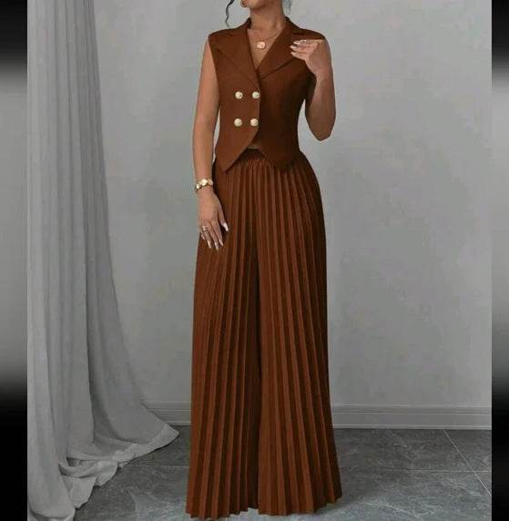 Summer Sleeveless Suit Fashion Lapel Button Vest Top And Pleated Straight Pants Women's Trousers Set Clothing Dark Brown