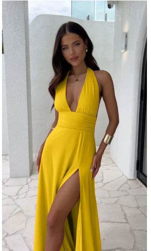 Sexy Halterneck V-neck Slit Dress Summer Backless Strappy Skirt Fashion Temperament Clothing Women Yellow