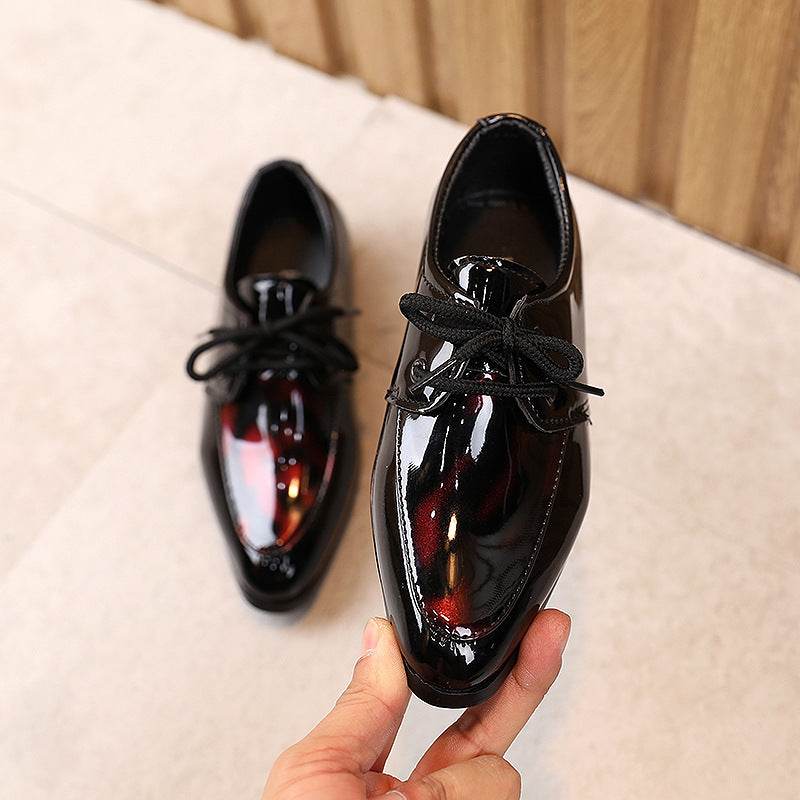 Fashion Low-heel Student Performance Shoes Children's Pointed Toe Lace-up Leather Shoes Black red