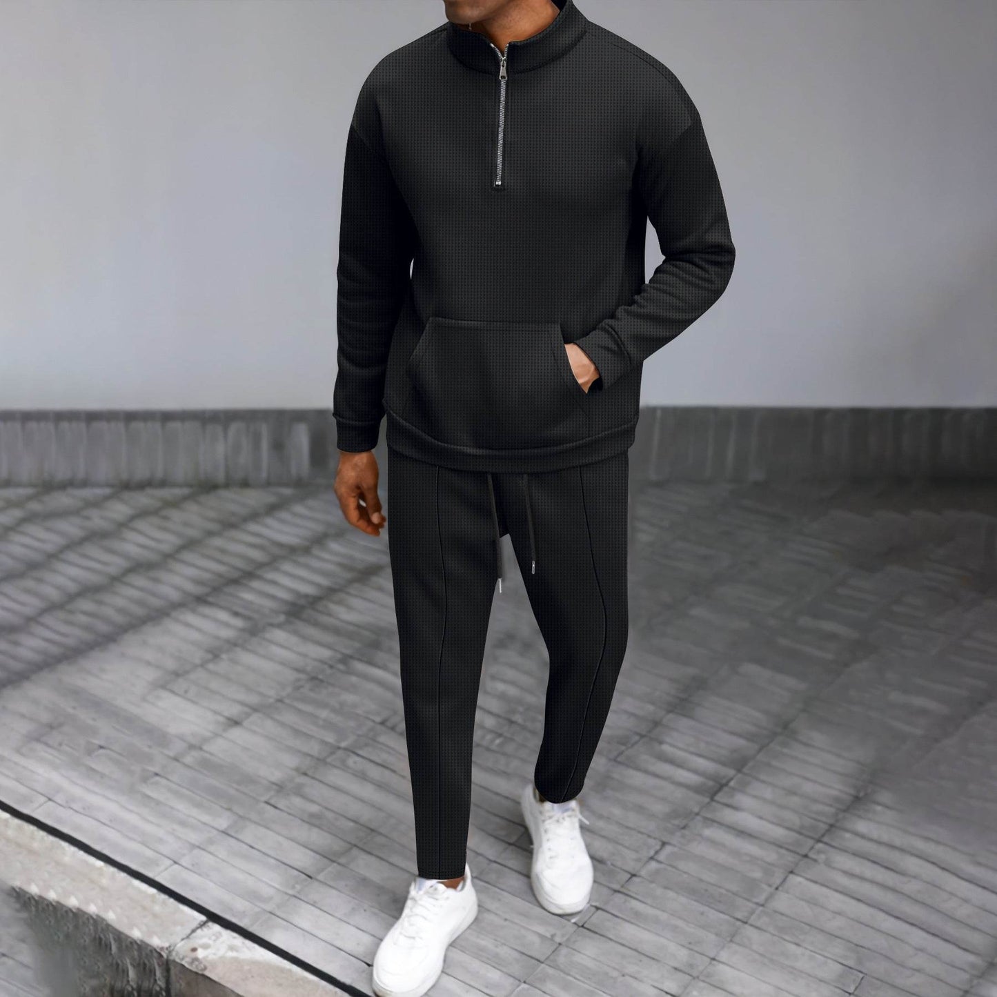 Turtleneck Half Zip Pocket Long Sleeve Sweater Trousers Casual Suit Black