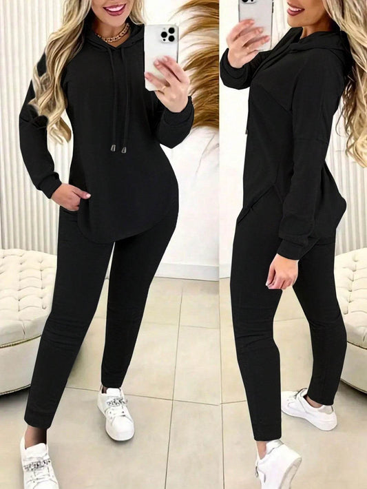 2pcs Set Women Solid Color Drawstring Hooded Long Sleeve Top And Pants Casual Suit - La Gaelliance DG ESsence