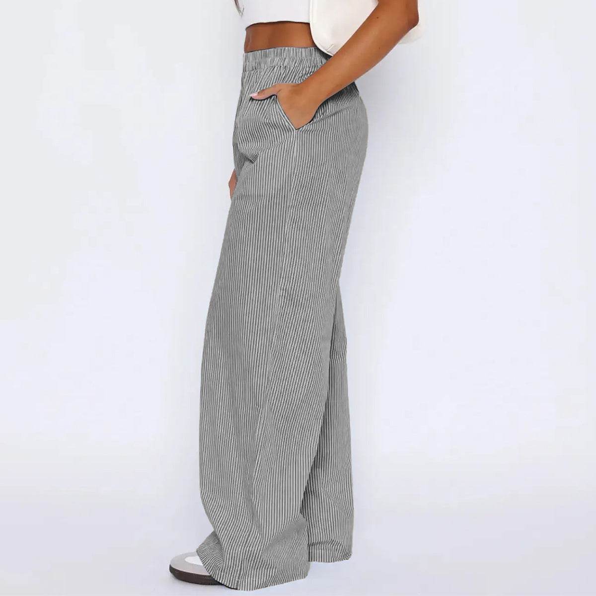 Striped Trousers With Pockets Ins Fashion Casual Wide Leg Straight Pants For Women Clothing Gray