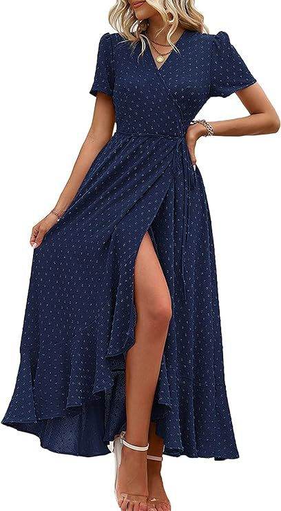 Short Sleeve Pleated Slit Hemline At Hem Beach Dress Navy Blue