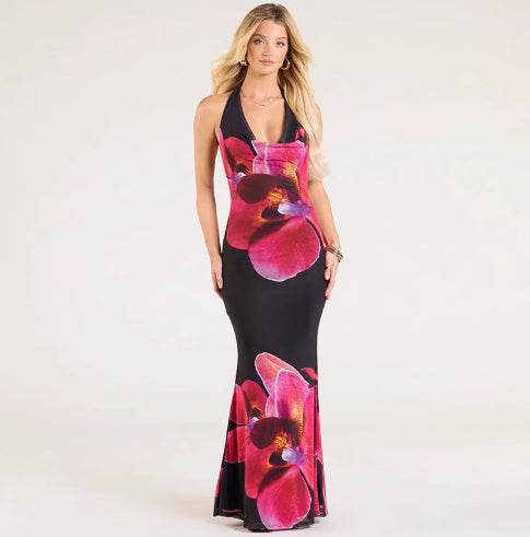 Slim Fit Floral Mesh Suspender Scarf Collar Backless Dress Black