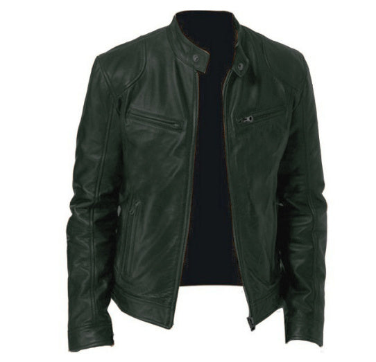 Gentleman's Warm Zipper Cardigan Pocket Decorated Pu Leather Coat Dark green