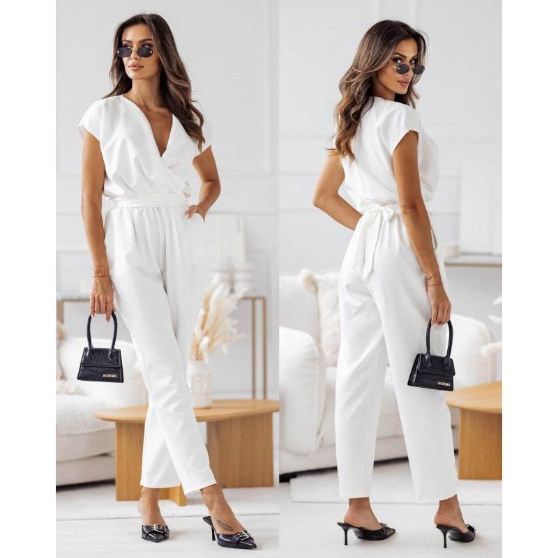 Fashion Solid Color Slimming Short-sleeved Jumpsuit Summer Lace-up Trousers Womens Clothing White