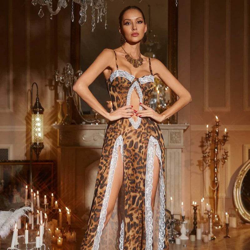 Sexy Leopard Print Sling Hot Girl Lace Patchwork Slit Exposed Navel Dress