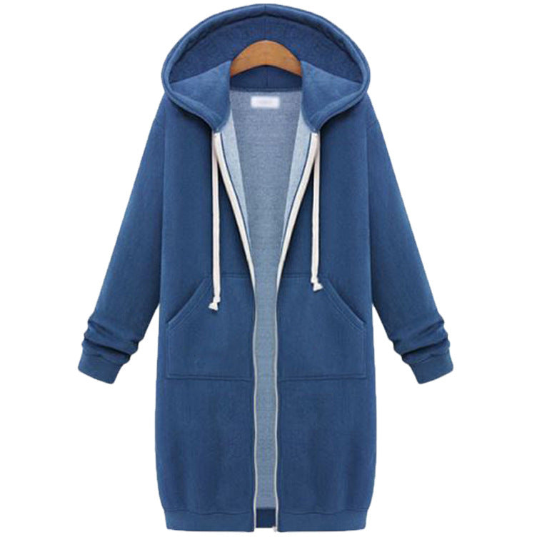 Hooded Long Sleeve Sweater Fleece Long Jacket Blue