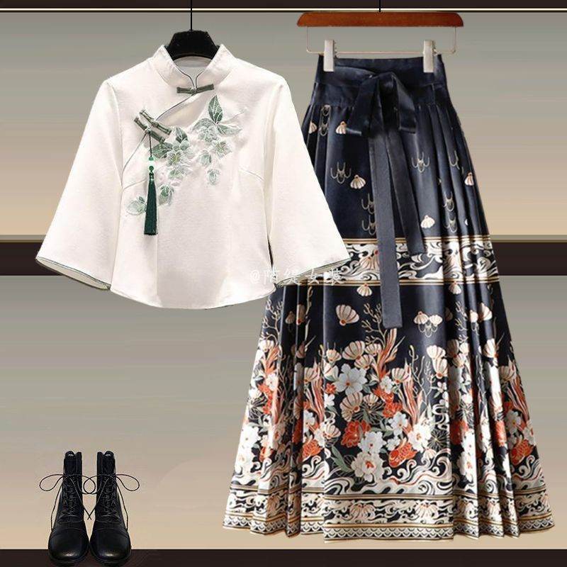 New Chinese Style Wear A Set Of Plus Size Hanfu Horse-face Skirt Two-piece Suit d Set