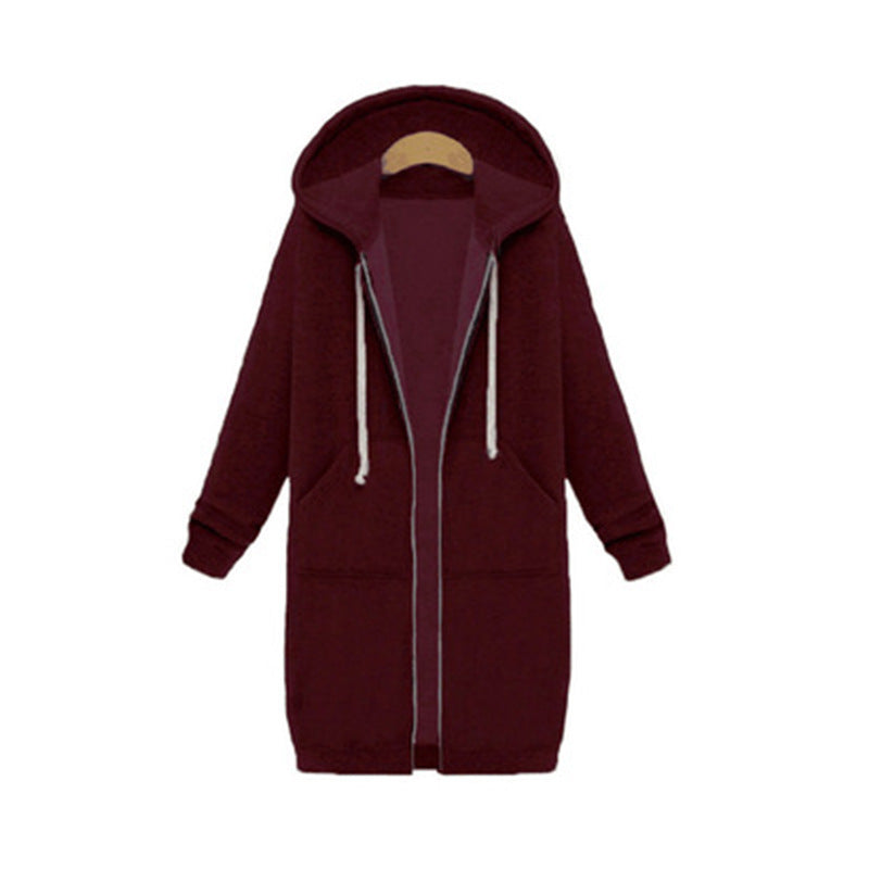 Hooded Long Sleeve Sweater Fleece Long Jacket Dark Red