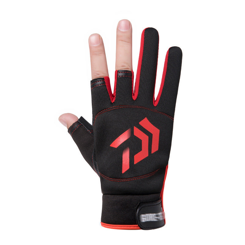 Outdoor Fishing Gloves Windproof Waterproof Fingerless Gloves Three Finger Black Red