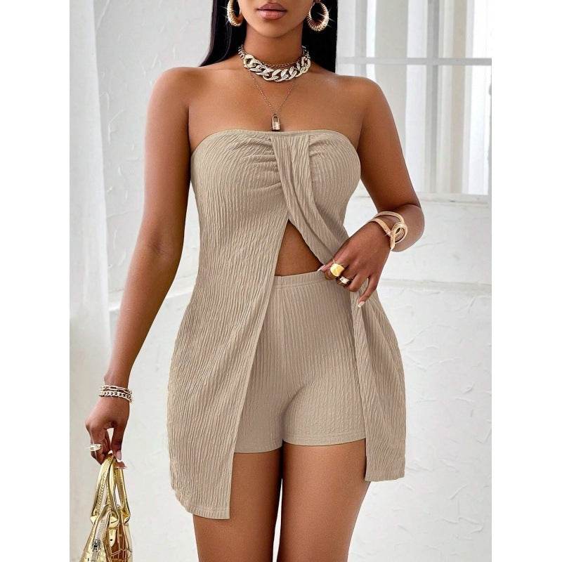Women's Strapless Bandeau Top Shorts Suit 2 Apricot